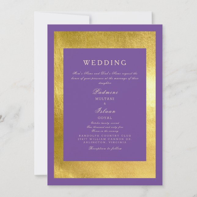 Invitation Mariage de style indien Royal violet & or (Devant)