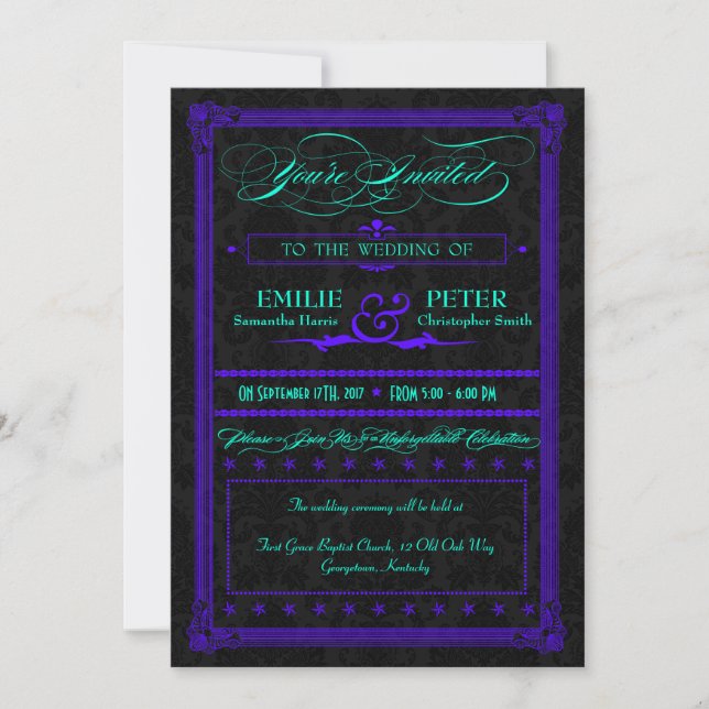 Invitation Mariage de style Poster Turquoise et violet électr (Devant)