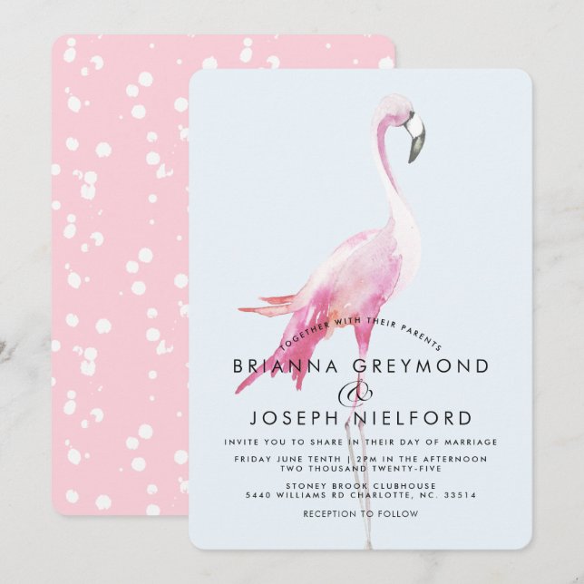 Invitation Mariage de style Tropical Flamant rose rose (Devant / Derrière)