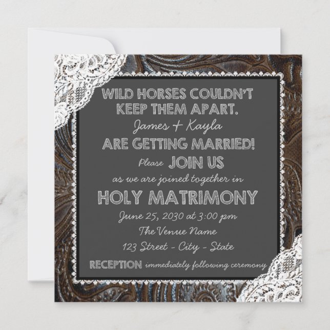 Invitation Mariage de tableau de bord en cuir et dentelle (Devant)