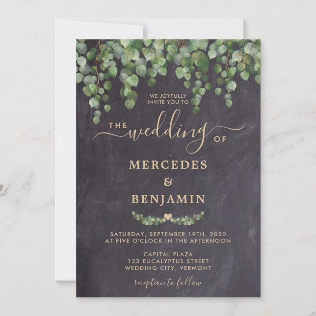 Invitation Mariage de tableau de bord en or Eucalyptus Rustiq (Devant)