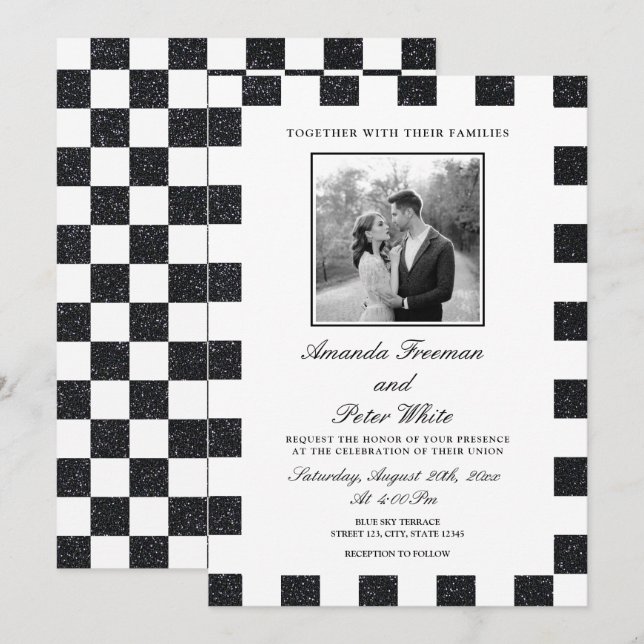 Invitation Mariage de tableau de bord noir et blanc élégant (Devant / Derrière)