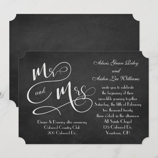 Invitation mariage de tableau noir (Devant / Derrière)