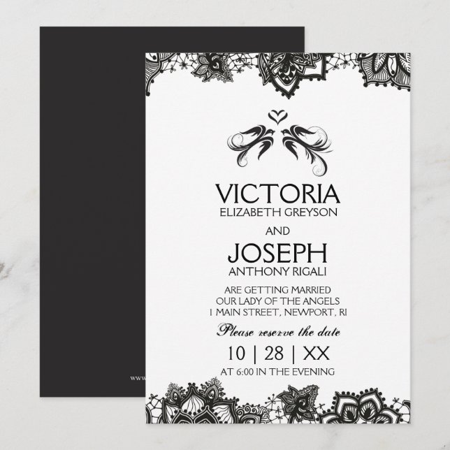 Invitation Mariage de tatouage Inviter ~ Oiseaux noirs et den (Devant / Derrière)