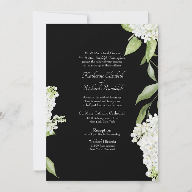 Invitation Mariage de texte blanc noir élégant Hydrangea (Devant)