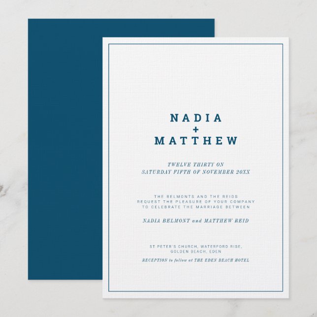 Invitation Mariage de texte vertical blanc marine minimal (Devant / Derrière)