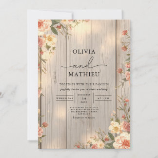 Invitation Mariage de texture de bois floral rustique