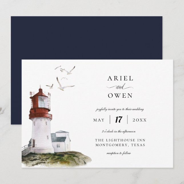Invitation Mariage de thème nautique du phare d'aquarelle (Devant / Derrière)