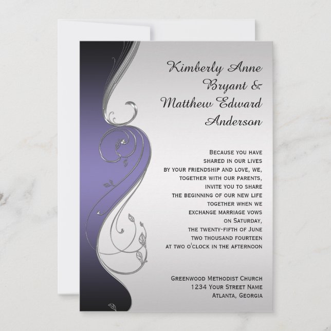Invitation Mariage de torons ornés d'argent violet (Devant)