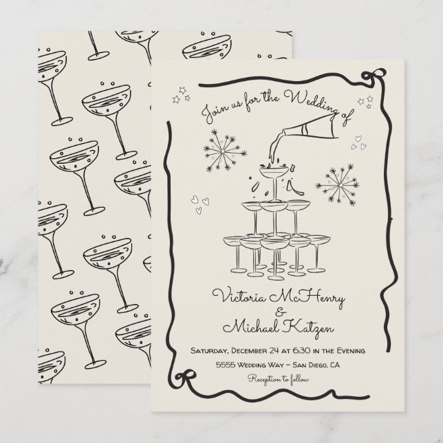 Invitation Mariage de tour Funky Champagne tiré à la main (Devant / Derrière)