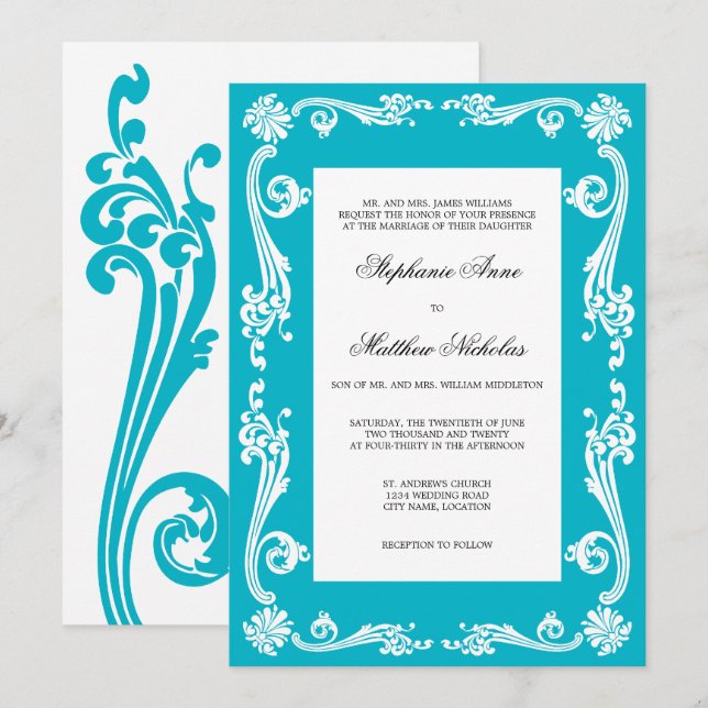 Invitation Mariage de tourbillons de fleurs cosmopolites (Devant / Derrière)