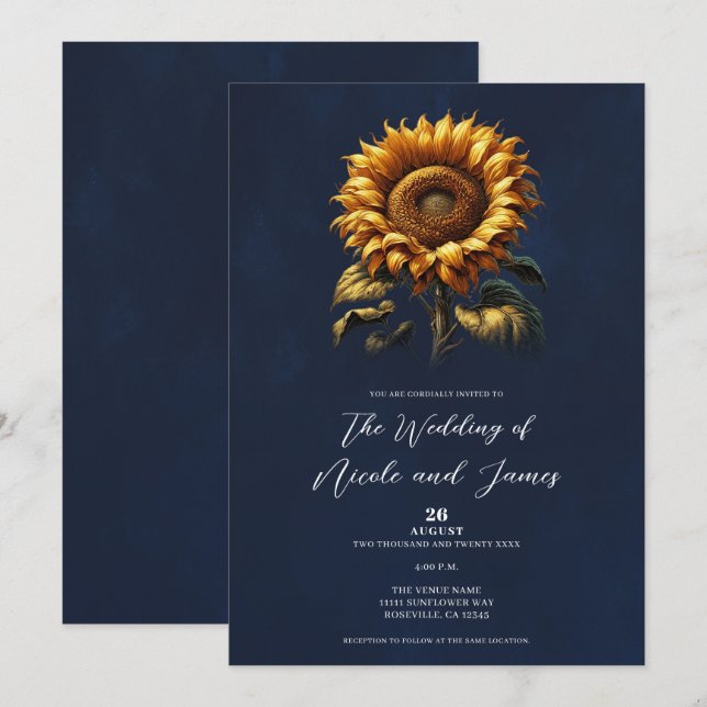 Invitation Mariage de tournesol bleu rustique (Devant / Derrière)
