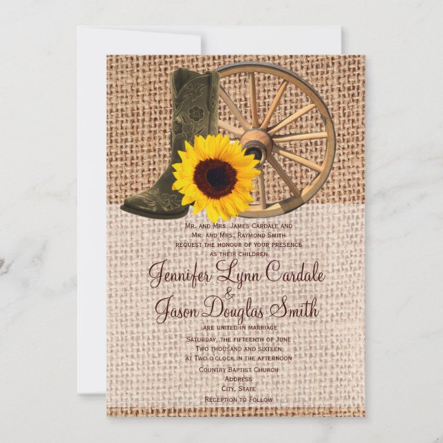 Invitation Mariage de tournesol de bottes de cowboy de toile (Devant)