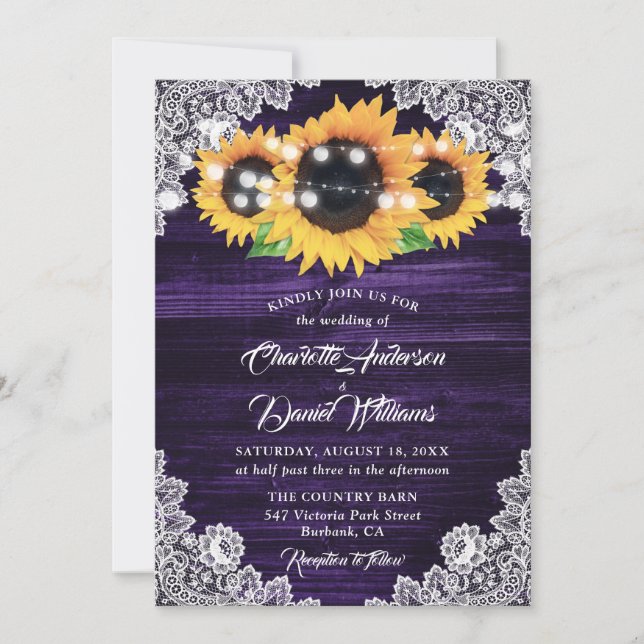 Invitation Mariage de tournesol de dentelle violet rustique (Devant)