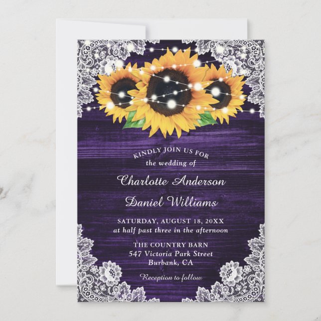 Invitation Mariage de tournesol de dentelle violet rustique (Devant)