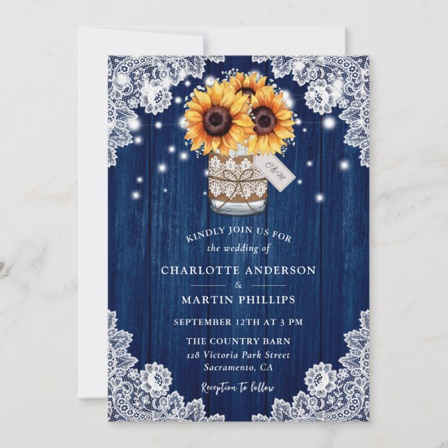Invitation Mariage de tournesol de Jar en bois bleu de la mar (Devant)