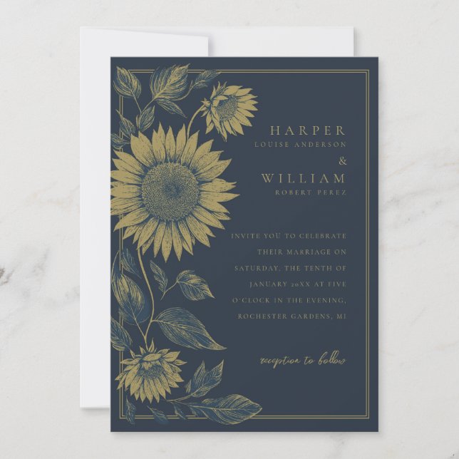 Invitation mariage de tournesol de la marine et de l'or (Devant)
