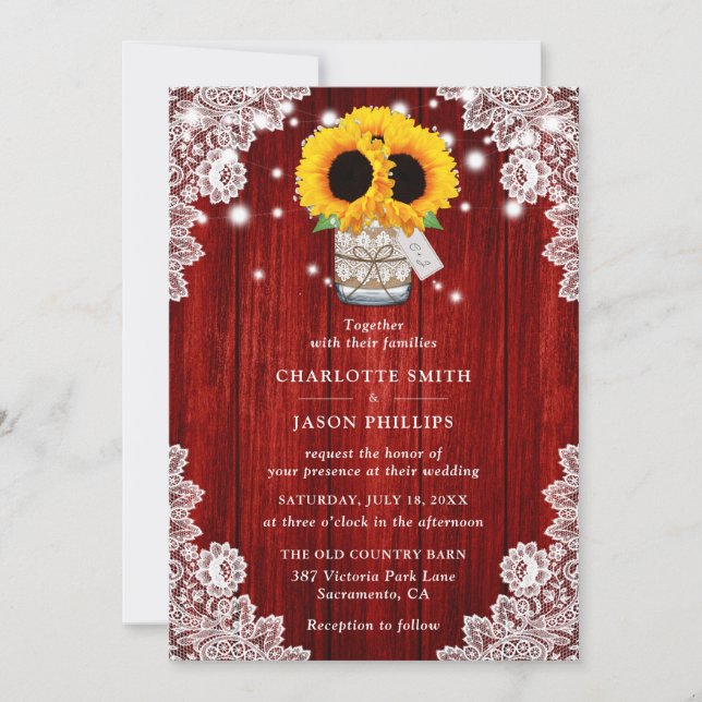 Invitation Mariage de tournesol en bois rouge rustique (Devant)