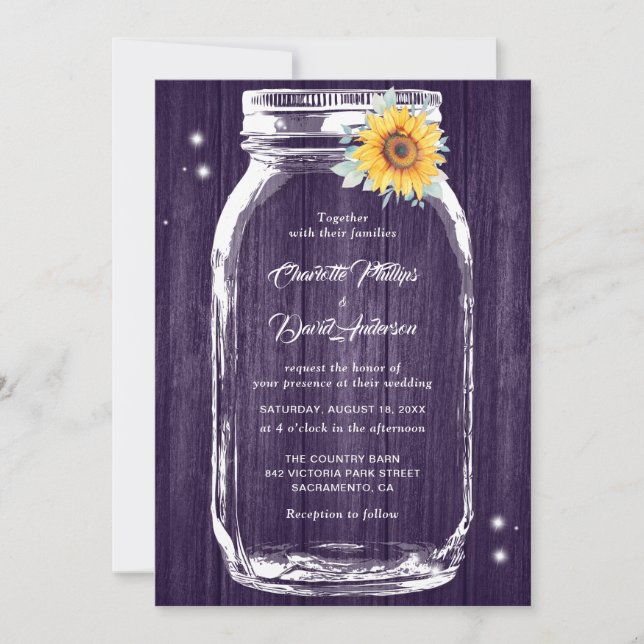 Invitation Mariage de tournesol en bois violet rustique (Devant)