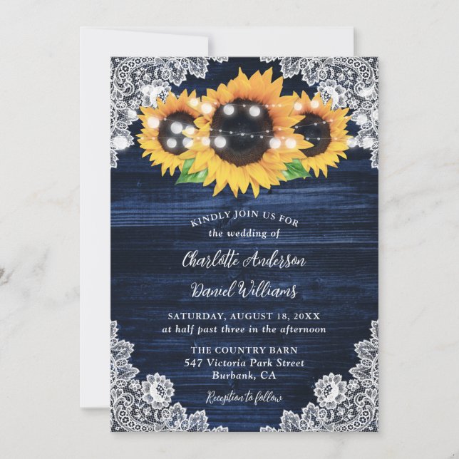 Invitation Mariage de tournesol en dentelle bleu de la marine (Devant)