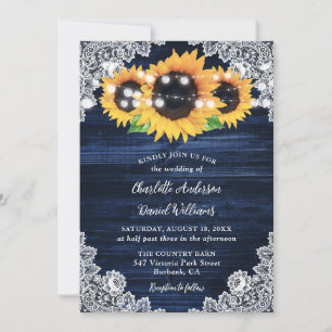 Invitation Mariage de tournesol en dentelle bleu de la marine
