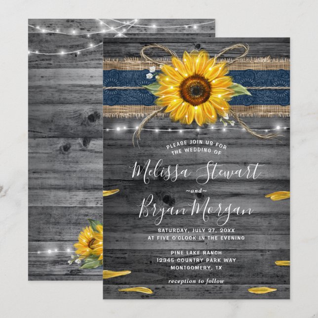 Invitation Mariage de tournesol en dentelle bleu marine gris  (Devant / Derrière)
