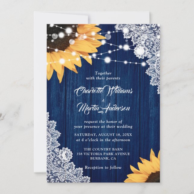 Invitation Mariage de tournesol en dentelle de bois bleu de l (Devant)