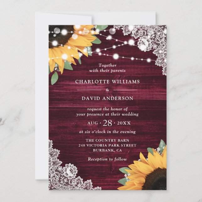 Invitation Mariage de tournesol en dentelle de bois rustique  (Devant)