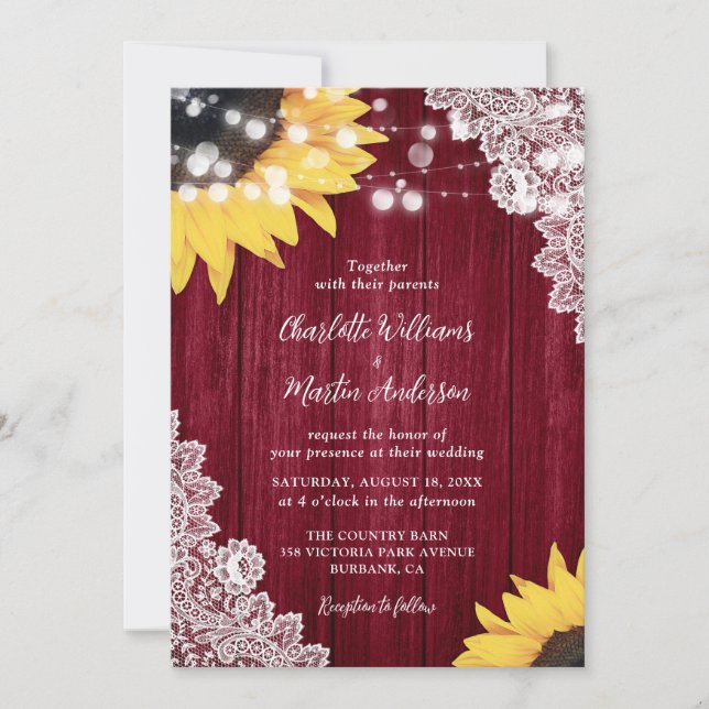 Invitation Mariage de tournesol en dentelle de bois rustique  (Devant)