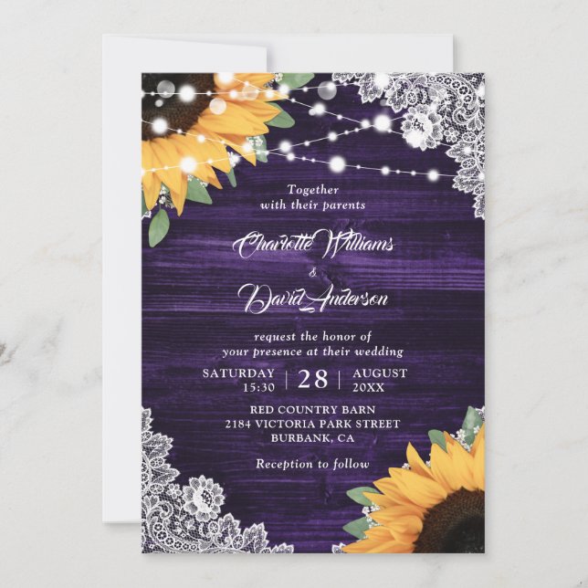 Invitation Mariage de tournesol en dentelle violette Eucalypt (Devant)