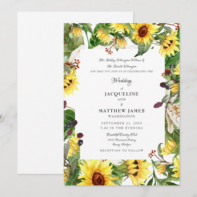 Invitation Mariage de tournesol floral automne (Devant / Derrière)