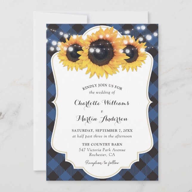 Invitation Mariage de tournesol Plaid Buffalo bleu (Devant)
