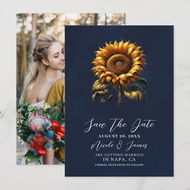 Invitation Mariage de tournesol rustique bleu Enregistrer la  (Devant / Derrière)