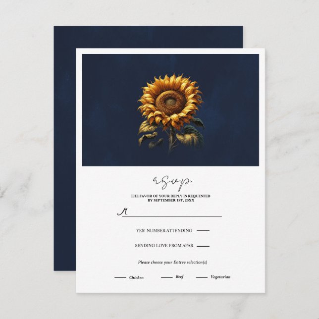 Invitation Mariage de tournesol rustique bleu RSVP (Devant / Derrière)