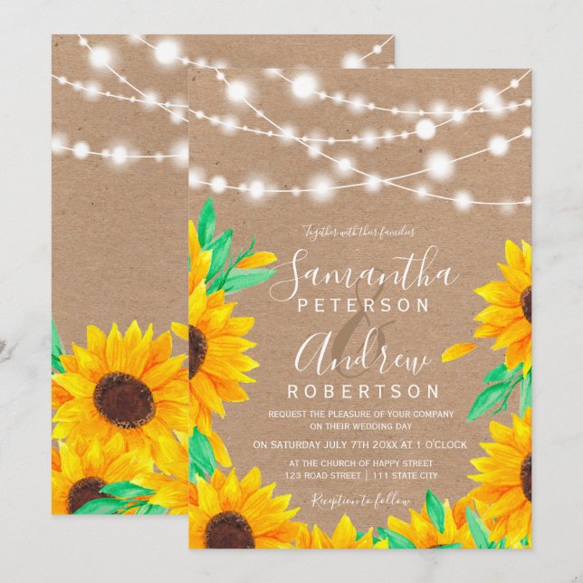 Invitation Mariage de tournesol rustique brun kraft (Devant / Derrière)