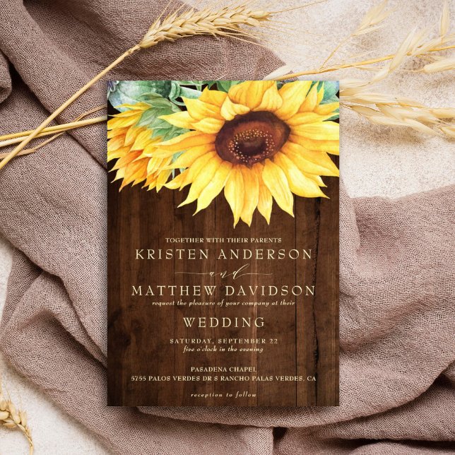 Invitation Mariage de tournesol rustique en bois (Créateur téléchargé)