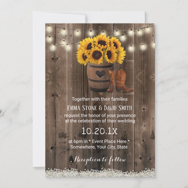 Invitation Mariage de tournesol rustique en tonneau de bois (Devant)