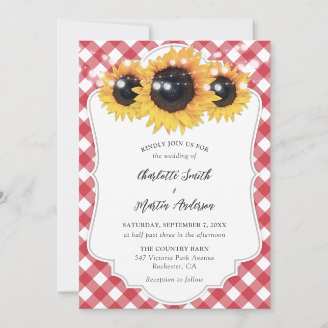 Invitation Mariage de tournesol rustique En vichy rouge (Devant)