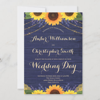 Invitation Mariage de tournesol Rustique Navy Blue String