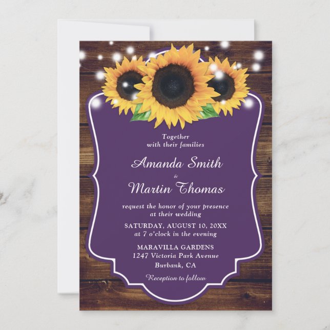 Invitation Mariage de tournesol violet en bois rustique (Devant)