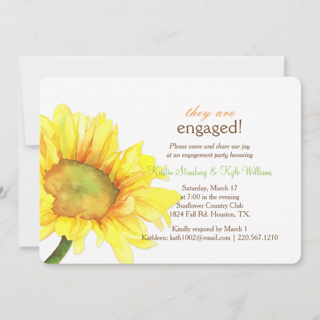 Invitation Mariage de tournesol Watercolor moderne Fiançaille (Devant)