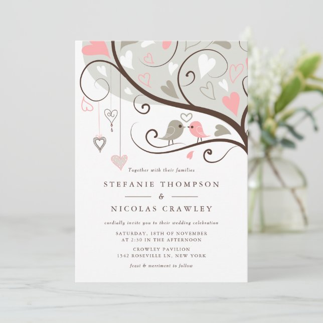 Invitation Mariage de tourterelles à lunettes rose et gris (Debout devant)