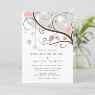 Invitation Mariage de tourterelles à lunettes rose et gris