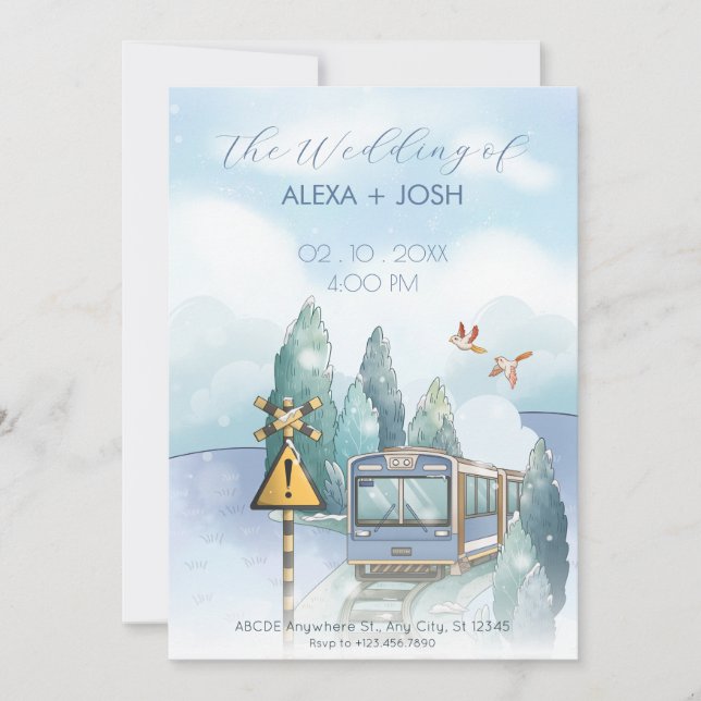 Invitation Mariage de train de voyage bleu esthétique (Devant)