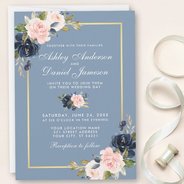 Invitation Mariage de trame doré bleu rose pâle (Customize to change text size, style or color of back of card.)