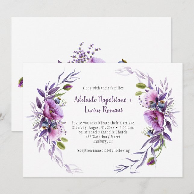 Invitation Mariage de trame Fleur sauvage violet mauve| (Devant / Derrière)
