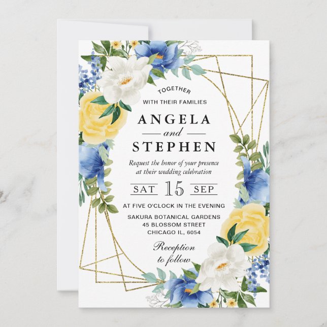 Invitation Mariage de trame or bleu et jaune (Devant)