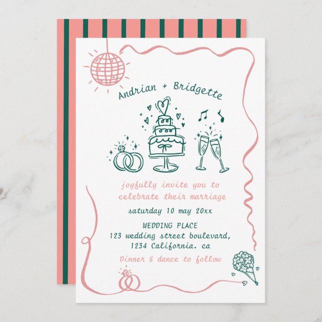 Invitation Mariage de trame Wavy Scribble à main Whimsical (Devant / Derrière)