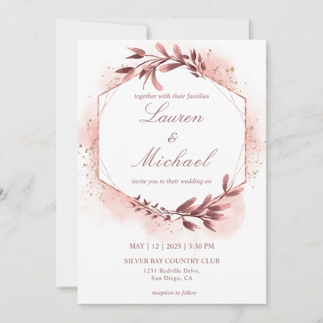 Invitation Mariage de trames florales géométriques Rose sur m (Devant)