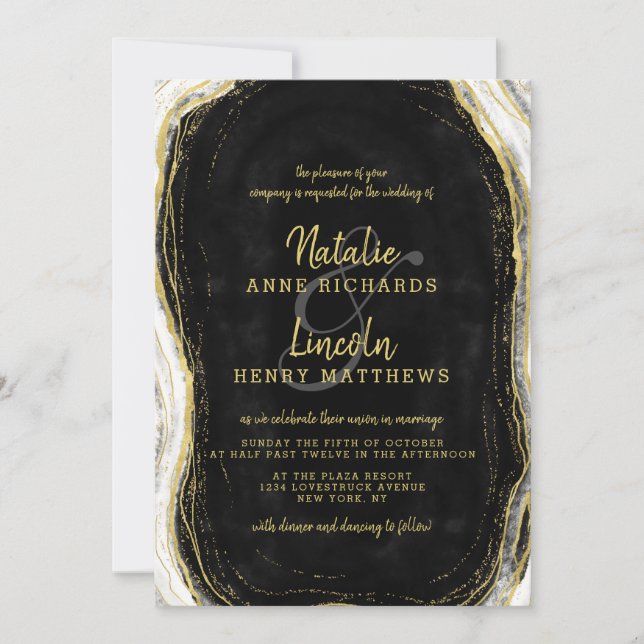 Invitation Mariage de tranche d'âge noir blanc et or (Devant)